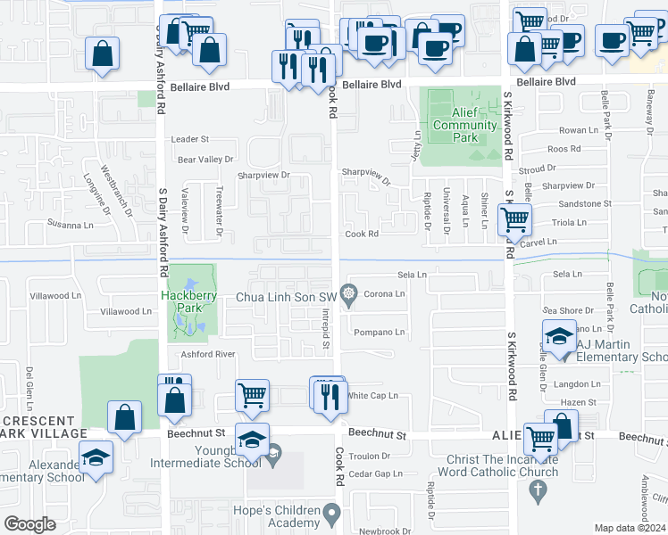 map of restaurants, bars, coffee shops, grocery stores, and more near 7520 Cook Road in Houston