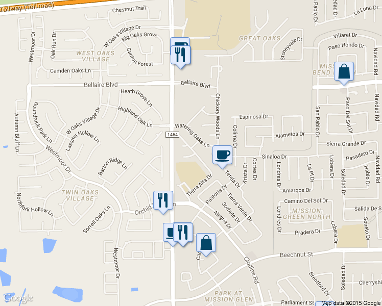 map of restaurants, bars, coffee shops, grocery stores, and more near 17015 Irish Oaks Court in Houston