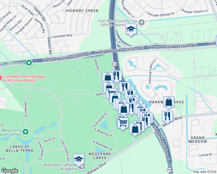 map of restaurants, bars, coffee shops, grocery stores, and more near 5340 West Grand Parkway South in Richmond