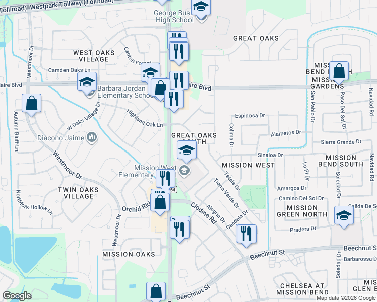 map of restaurants, bars, coffee shops, grocery stores, and more near 17015 Irish Oaks Court in Houston