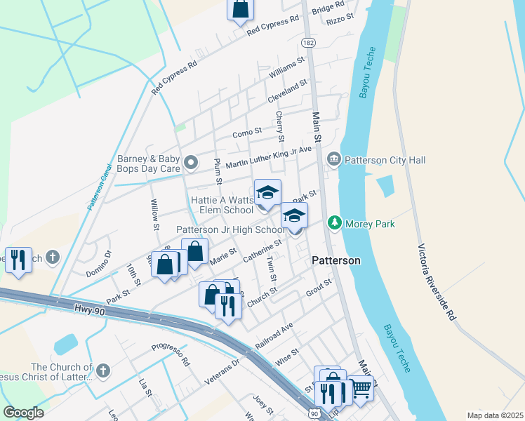 map of restaurants, bars, coffee shops, grocery stores, and more near 1307 3rd Street in Patterson