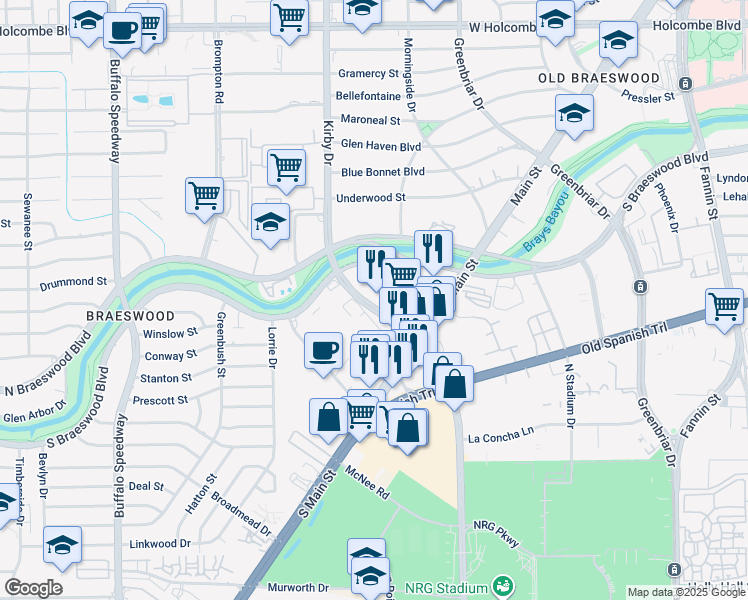 map of restaurants, bars, coffee shops, grocery stores, and more near 2471 South Braeswood Boulevard in Houston