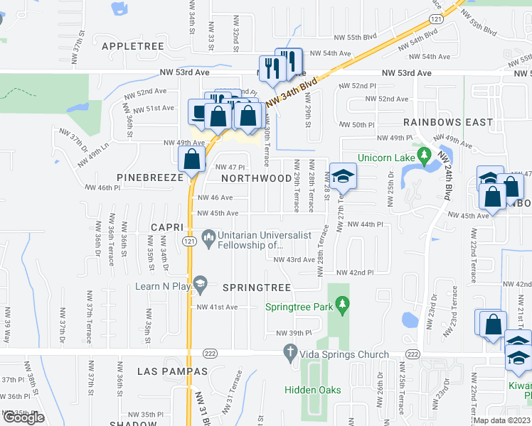 map of restaurants, bars, coffee shops, grocery stores, and more near 3034 Northwest 45 Avenue in Gainesville