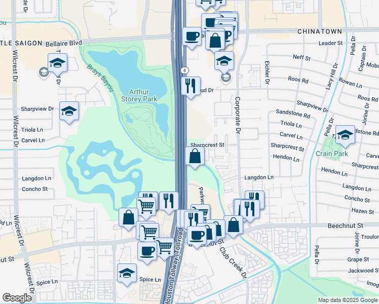 map of restaurants, bars, coffee shops, grocery stores, and more near 9901 Sharpcrest Street in Houston