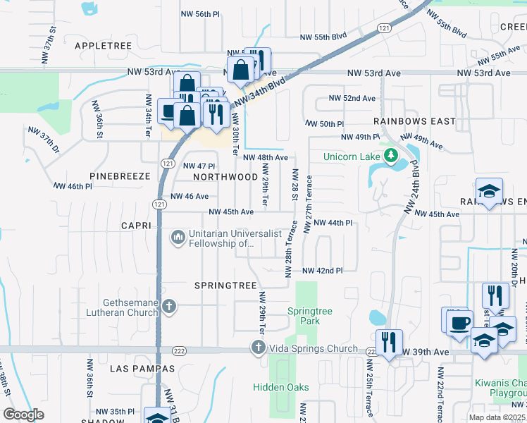 map of restaurants, bars, coffee shops, grocery stores, and more near 2943 Northwest 45th Avenue in Gainesville