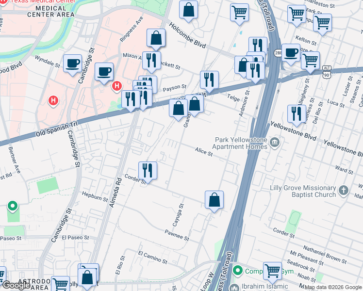 map of restaurants, bars, coffee shops, grocery stores, and more near 7100 Grand Boulevard in Houston