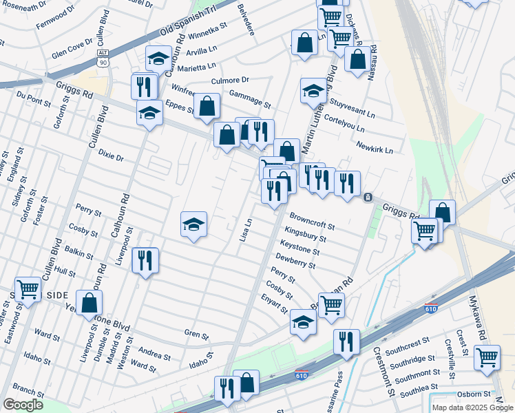 map of restaurants, bars, coffee shops, grocery stores, and more near 5123 Kingsbury Street in Houston