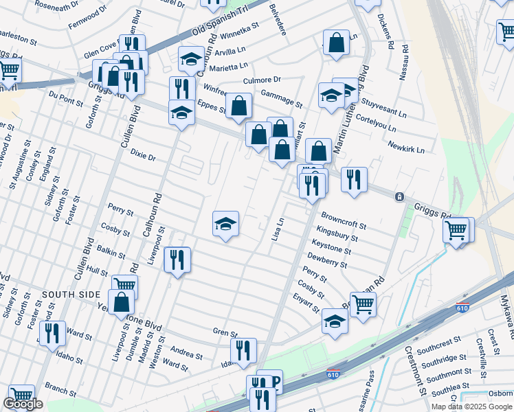 map of restaurants, bars, coffee shops, grocery stores, and more near 6015 Schroeder Road in Houston