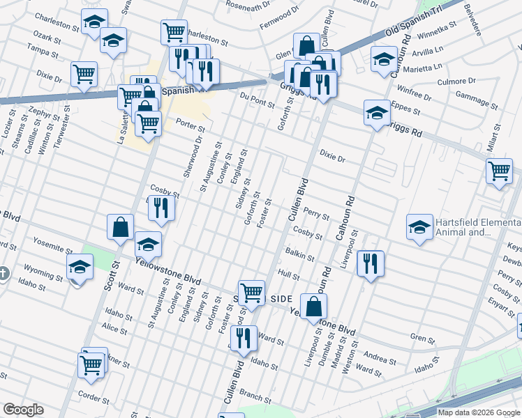 map of restaurants, bars, coffee shops, grocery stores, and more near 6327 Goforth Street in Houston