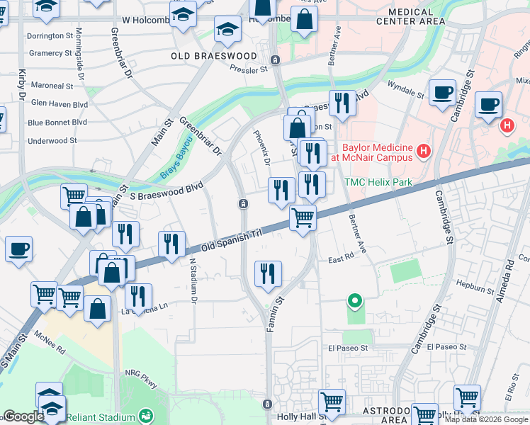 map of restaurants, bars, coffee shops, grocery stores, and more near 1715 Old Spanish Trail in Houston