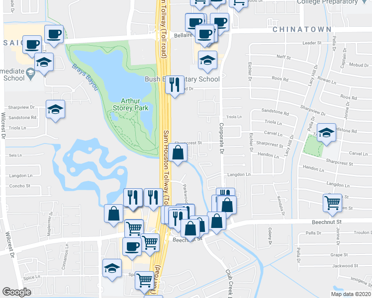 map of restaurants, bars, coffee shops, grocery stores, and more near 9901 Sharpcrest Street in Houston