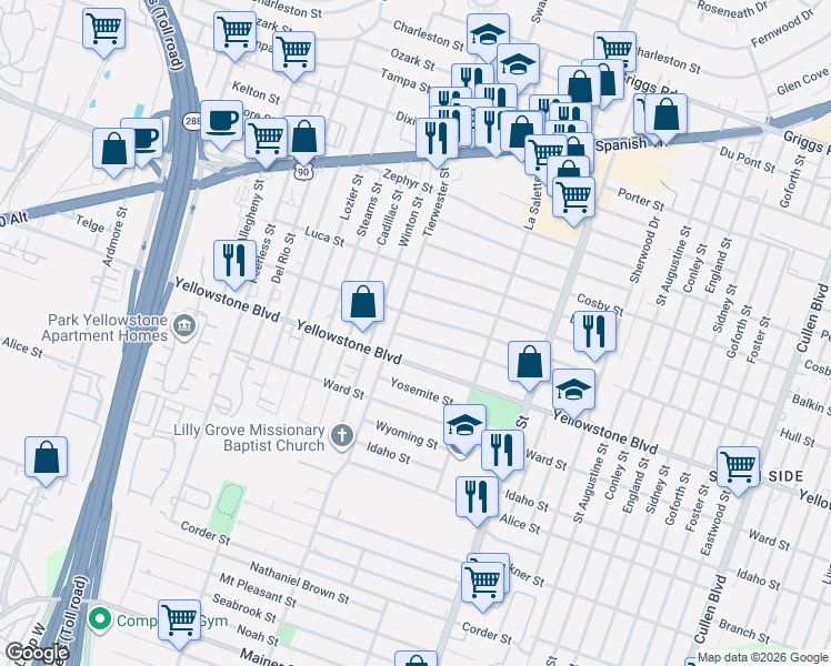 map of restaurants, bars, coffee shops, grocery stores, and more near 3630 Alberta Street in Houston