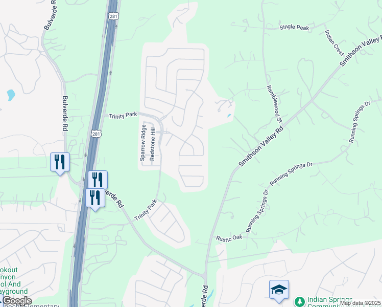 map of restaurants, bars, coffee shops, grocery stores, and more near 2734 Trinity Falls in San Antonio