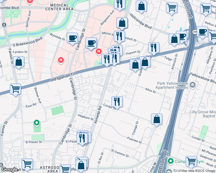 map of restaurants, bars, coffee shops, grocery stores, and more near 7017 Almeda Road in Houston