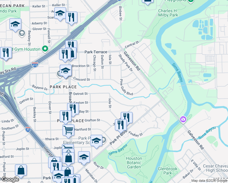 map of restaurants, bars, coffee shops, grocery stores, and more near 8315 Detroit Street in Houston
