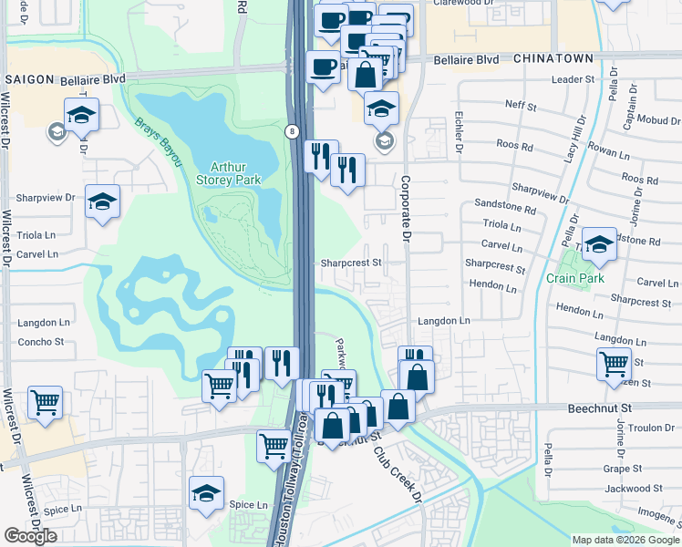 map of restaurants, bars, coffee shops, grocery stores, and more near 9901 Sharpcrest Street in Houston