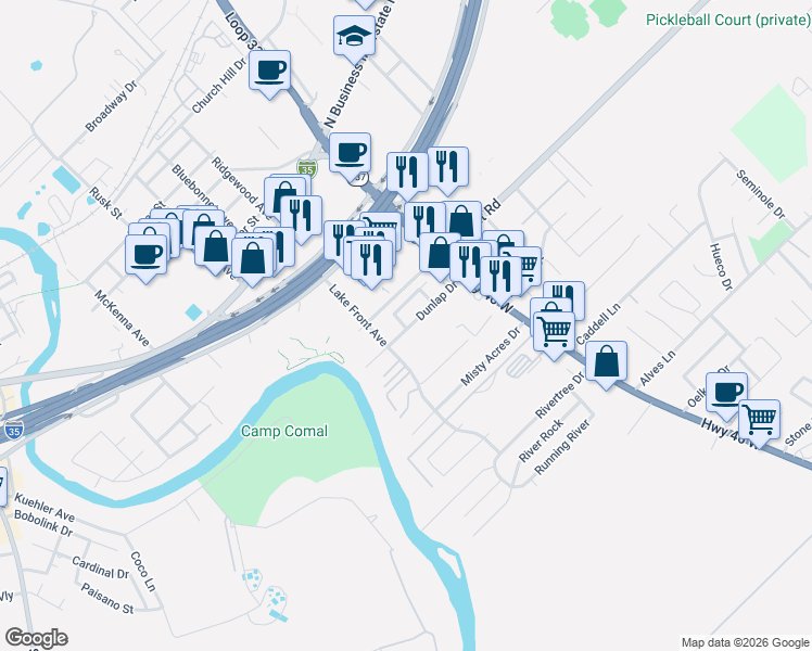 map of restaurants, bars, coffee shops, grocery stores, and more near 1052 Dunlap Drive in New Braunfels
