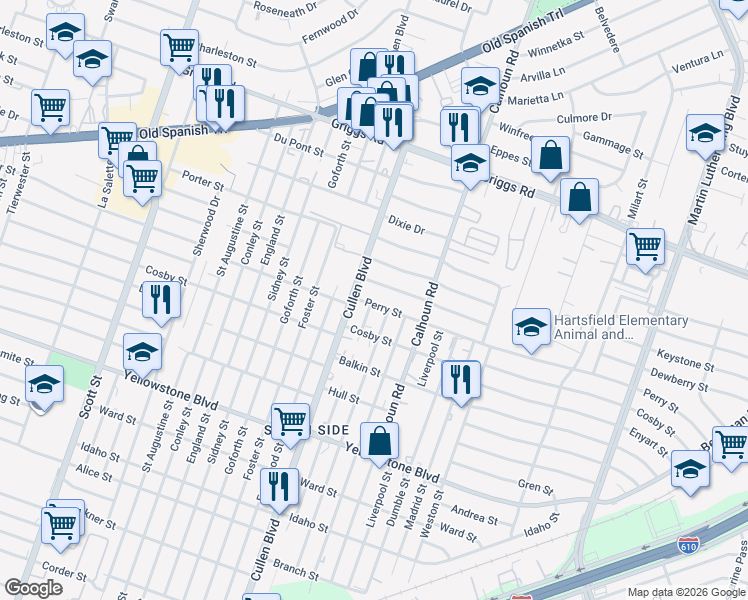 map of restaurants, bars, coffee shops, grocery stores, and more near 6310 London Street in Houston