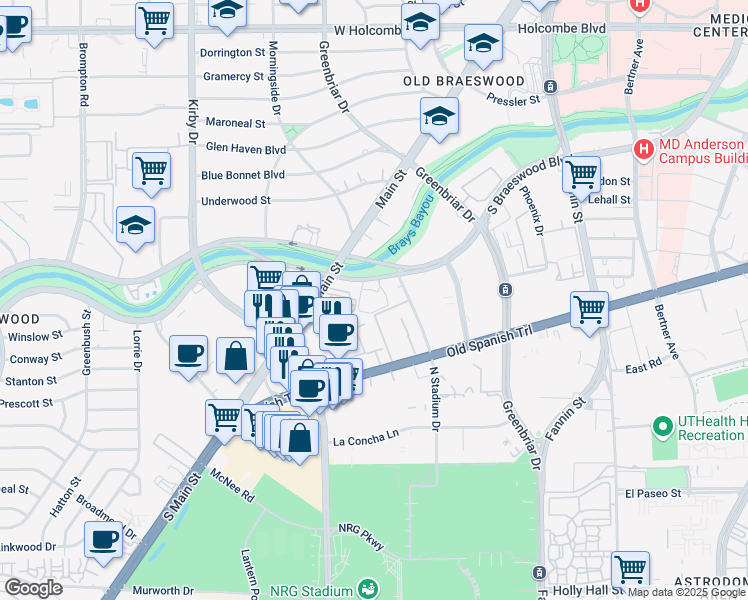map of restaurants, bars, coffee shops, grocery stores, and more near 2211 South Braeswood Boulevard in Houston
