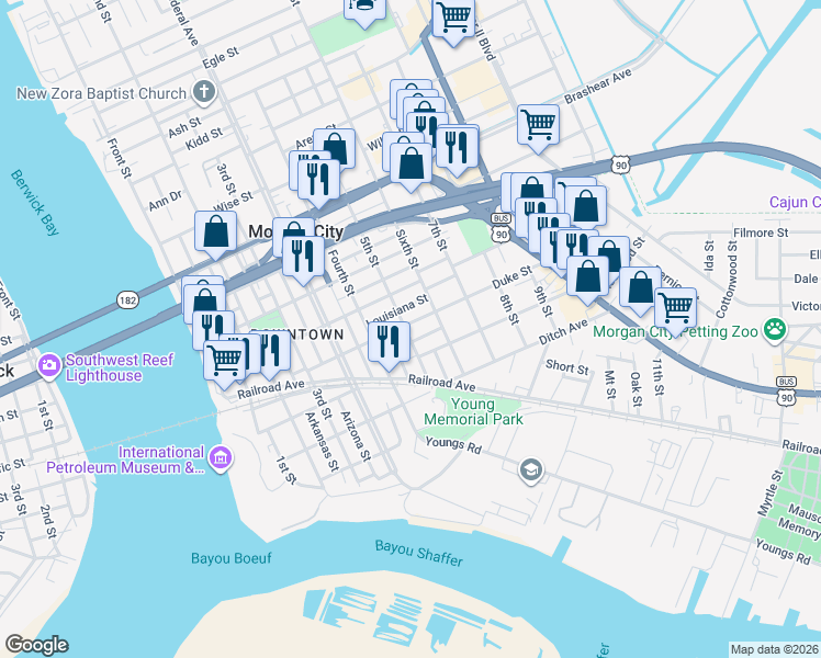 map of restaurants, bars, coffee shops, grocery stores, and more near 459-499 Idaho Street in Morgan City