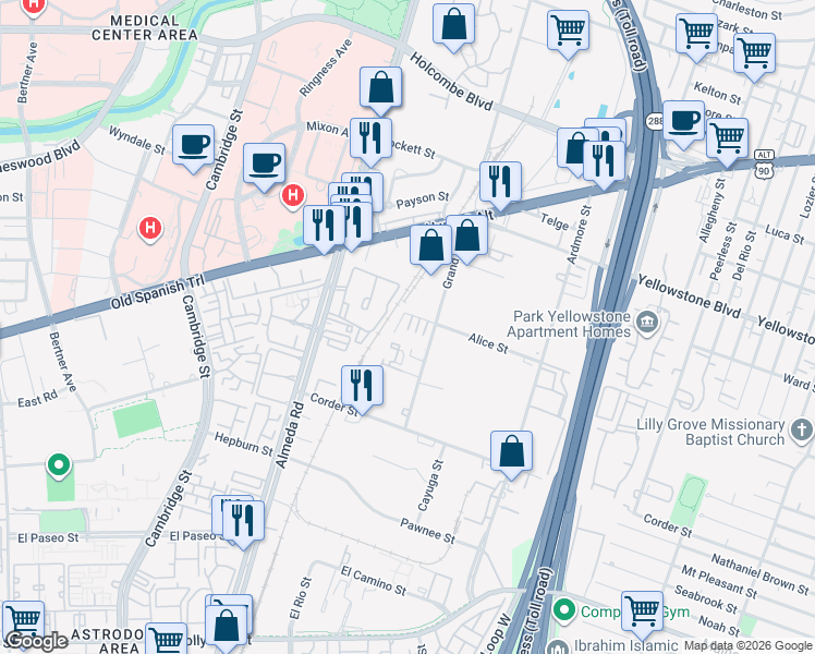 map of restaurants, bars, coffee shops, grocery stores, and more near 2903 Dupree Street in Houston
