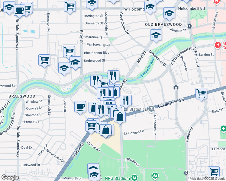 map of restaurants, bars, coffee shops, grocery stores, and more near 7710 Main Street in Houston