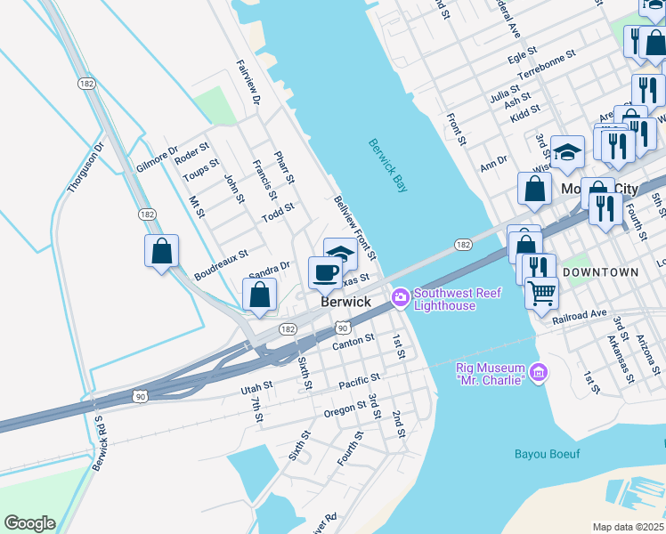 map of restaurants, bars, coffee shops, grocery stores, and more near 400 Texas Street in Berwick