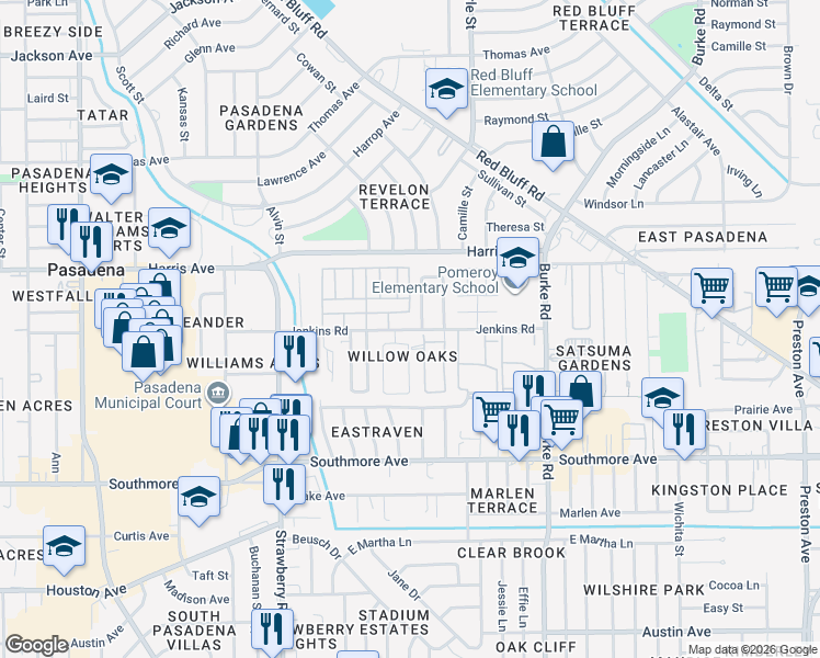 map of restaurants, bars, coffee shops, grocery stores, and more near in Pasadena