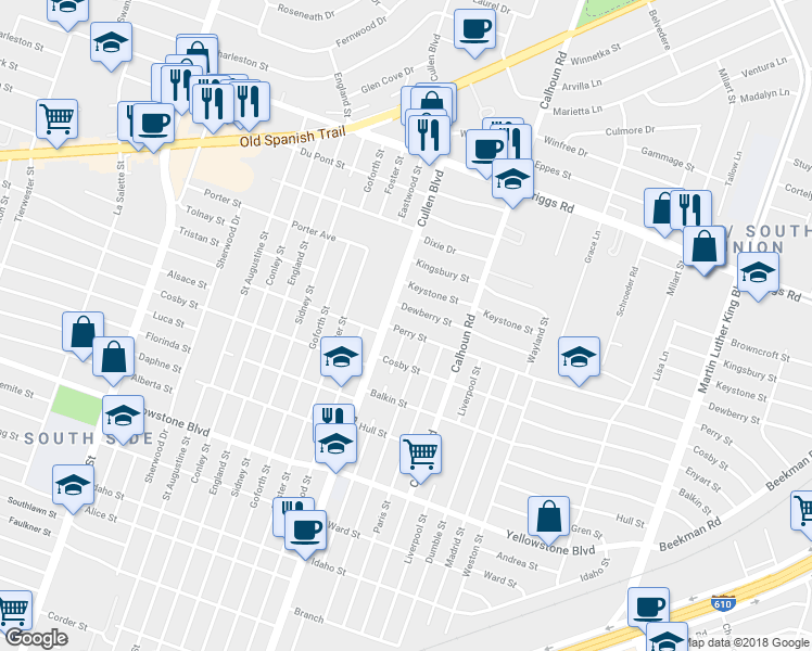 map of restaurants, bars, coffee shops, grocery stores, and more near 6310 London Street in Houston