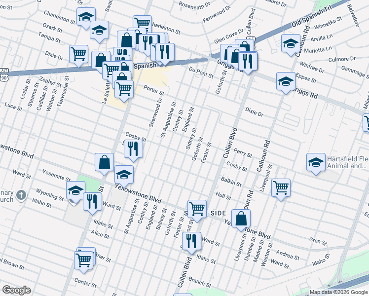 map of restaurants, bars, coffee shops, grocery stores, and more near 4206 Cosby Street in Houston