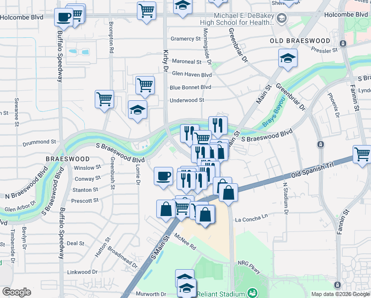 map of restaurants, bars, coffee shops, grocery stores, and more near 2471 South Braeswood Boulevard in Houston