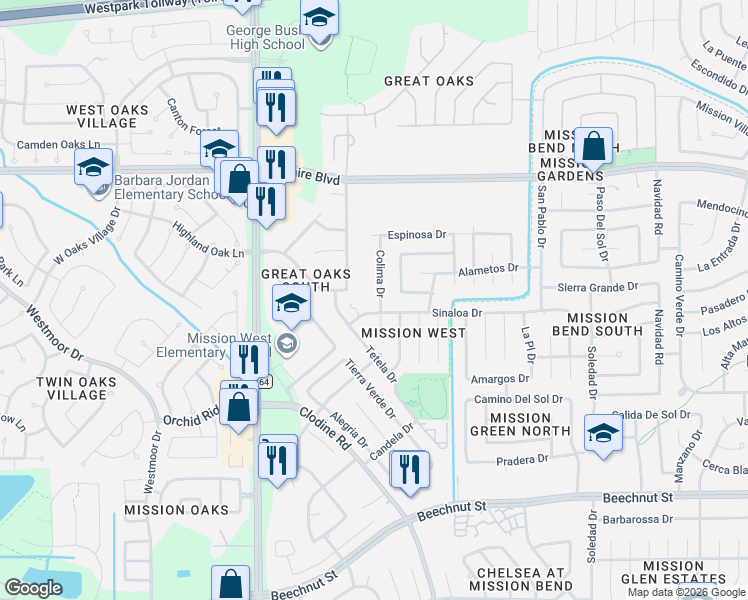 map of restaurants, bars, coffee shops, grocery stores, and more near 16815 Sinaloa Drive in Houston