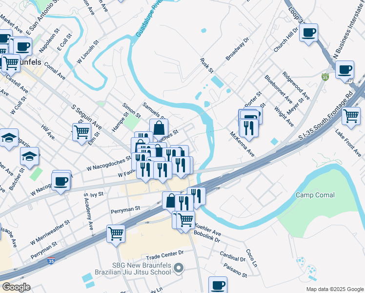 map of restaurants, bars, coffee shops, grocery stores, and more near 347 Kessler Street in New Braunfels