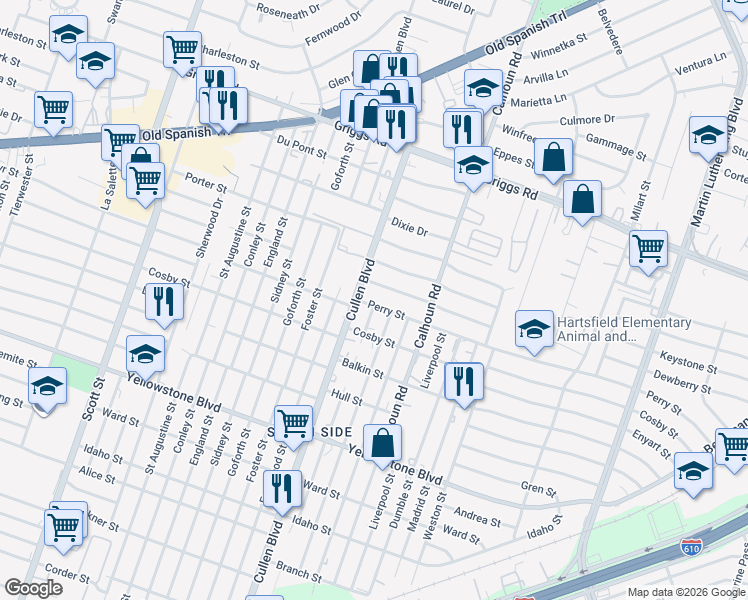 map of restaurants, bars, coffee shops, grocery stores, and more near 6310 London Street in Houston