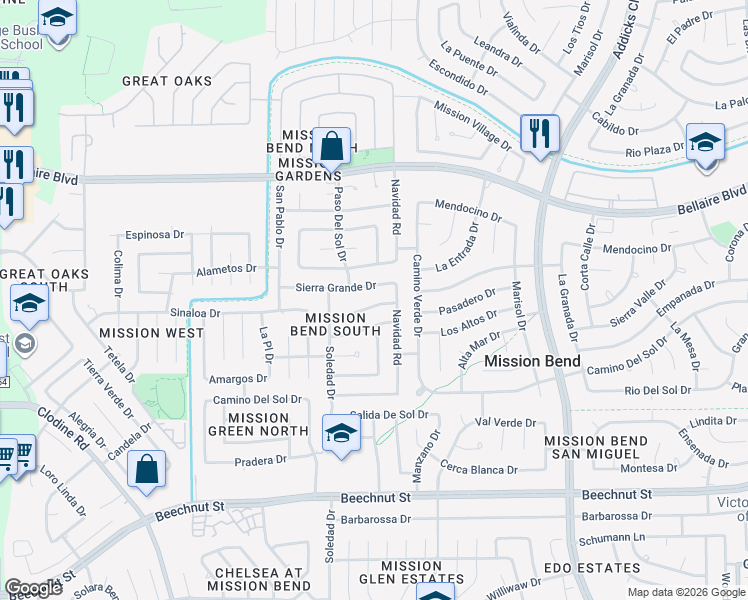 map of restaurants, bars, coffee shops, grocery stores, and more near 16214 Los Altos Drive in Houston