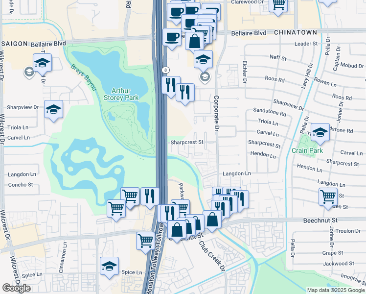 map of restaurants, bars, coffee shops, grocery stores, and more near 9901 Sharpcrest Street in Houston
