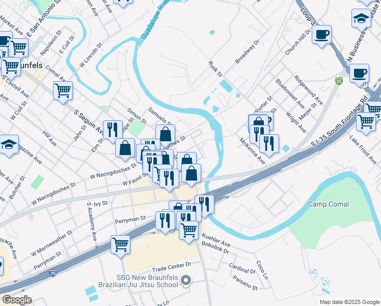 map of restaurants, bars, coffee shops, grocery stores, and more near 347 Kessler Street in New Braunfels