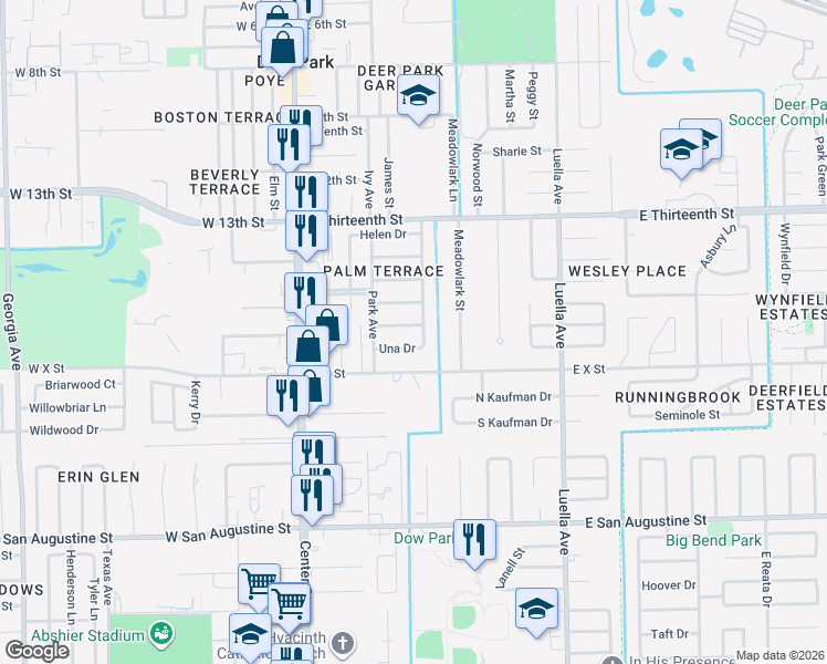 map of restaurants, bars, coffee shops, grocery stores, and more near 402 Una Drive in Deer Park