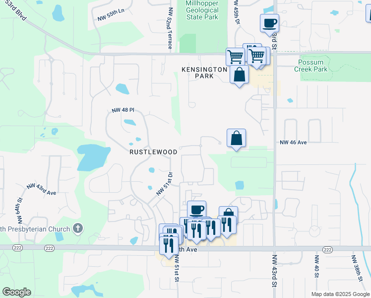 map of restaurants, bars, coffee shops, grocery stores, and more near 5057 Northwest 44th Lane in Gainesville