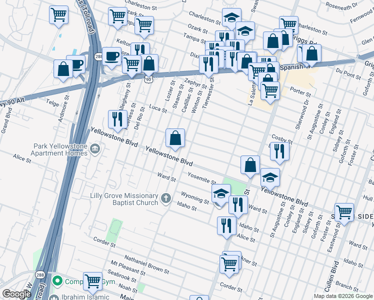 map of restaurants, bars, coffee shops, grocery stores, and more near in Houston