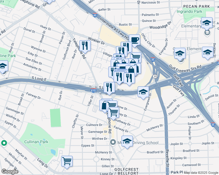 map of restaurants, bars, coffee shops, grocery stores, and more near 7202 South Loop East in Houston