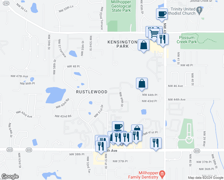 map of restaurants, bars, coffee shops, grocery stores, and more near 5065 Northwest 45th Road in Gainesville