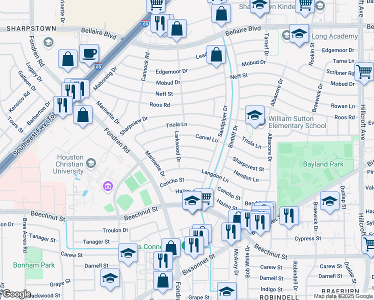 map of restaurants, bars, coffee shops, grocery stores, and more near 7043 Hendon Lane in Houston