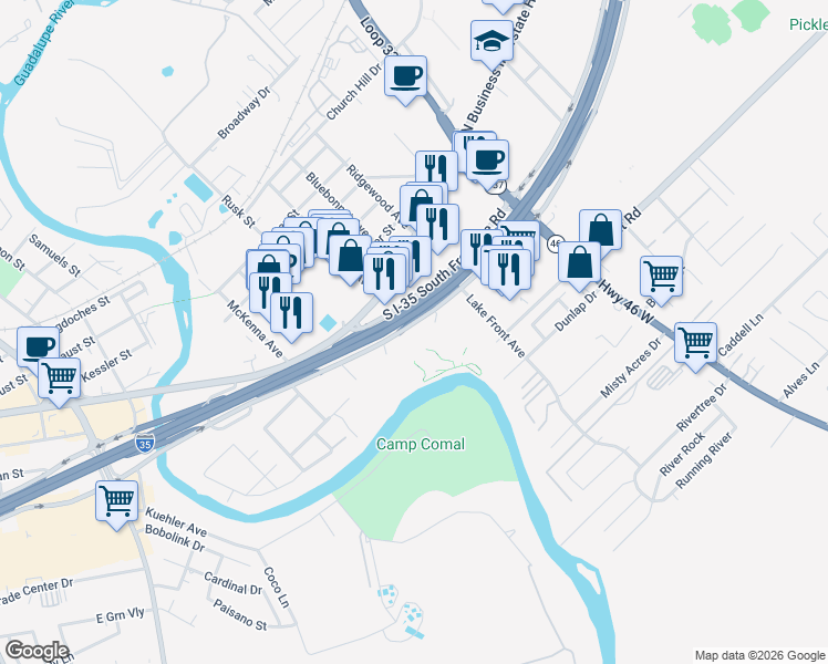 map of restaurants, bars, coffee shops, grocery stores, and more near 762 Interstate 35 in New Braunfels