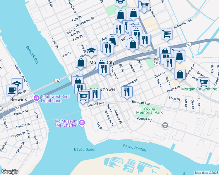 map of restaurants, bars, coffee shops, grocery stores, and more near 601 Federal Avenue in Morgan City