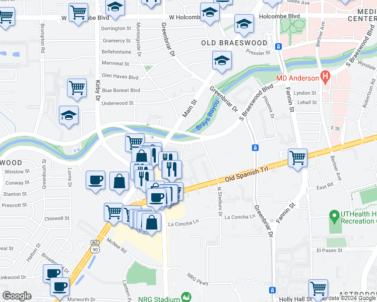 map of restaurants, bars, coffee shops, grocery stores, and more near 2211 South Braeswood Boulevard in Houston