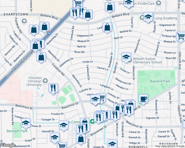 map of restaurants, bars, coffee shops, grocery stores, and more near 7043 Hendon Lane in Houston