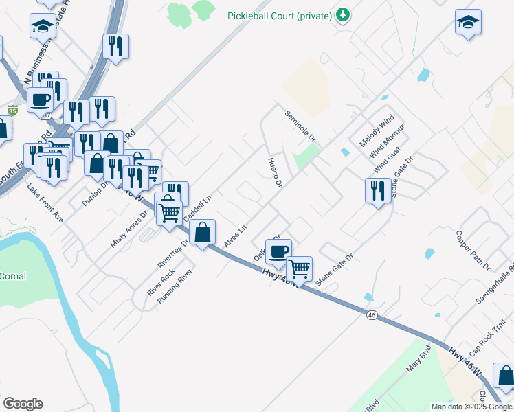 map of restaurants, bars, coffee shops, grocery stores, and more near 225 Anne Louise Drive in New Braunfels