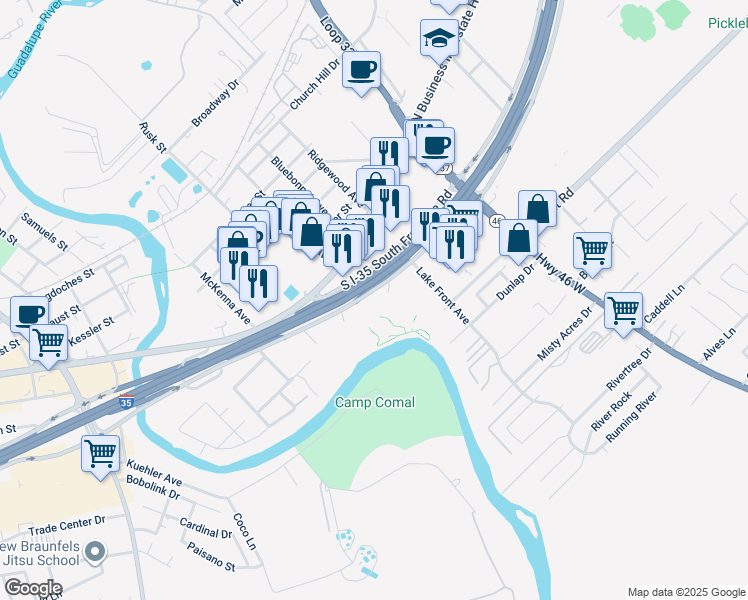 map of restaurants, bars, coffee shops, grocery stores, and more near 762 Interstate 35 in New Braunfels