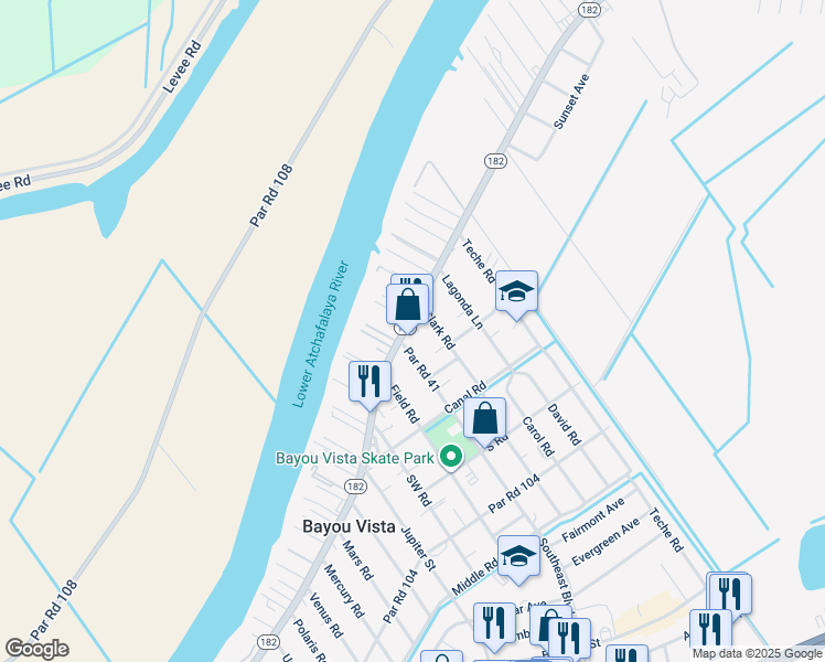 map of restaurants, bars, coffee shops, grocery stores, and more near 109 Bowen Lane in Morgan City